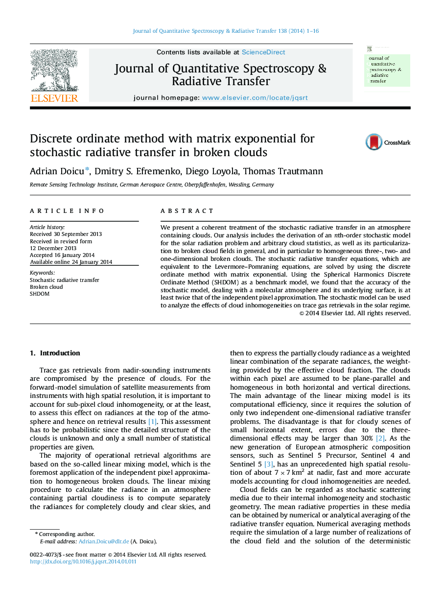 Discrete ordinate method with matrix exponential for stochastic radiative transfer in broken clouds