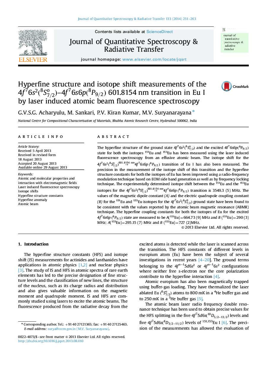 Hyperfine structure and isotope shift measurements of the 4f76s2(S7/2o8)-4f76s6p(P9/28) 601.8154 nm transition in Eu I by laser induced atomic beam fluorescence spectroscopy