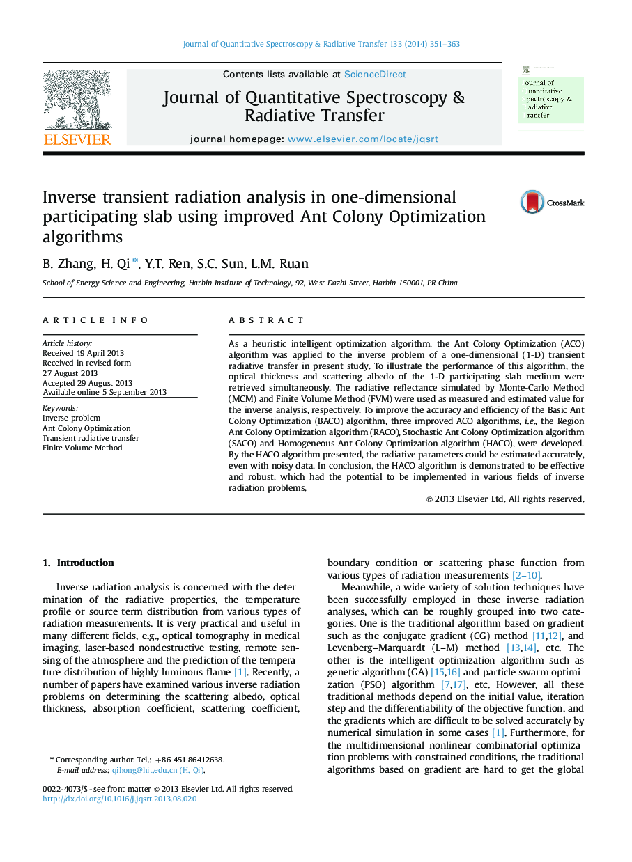 Inverse transient radiation analysis in one-dimensional participating slab using improved Ant Colony Optimization algorithms