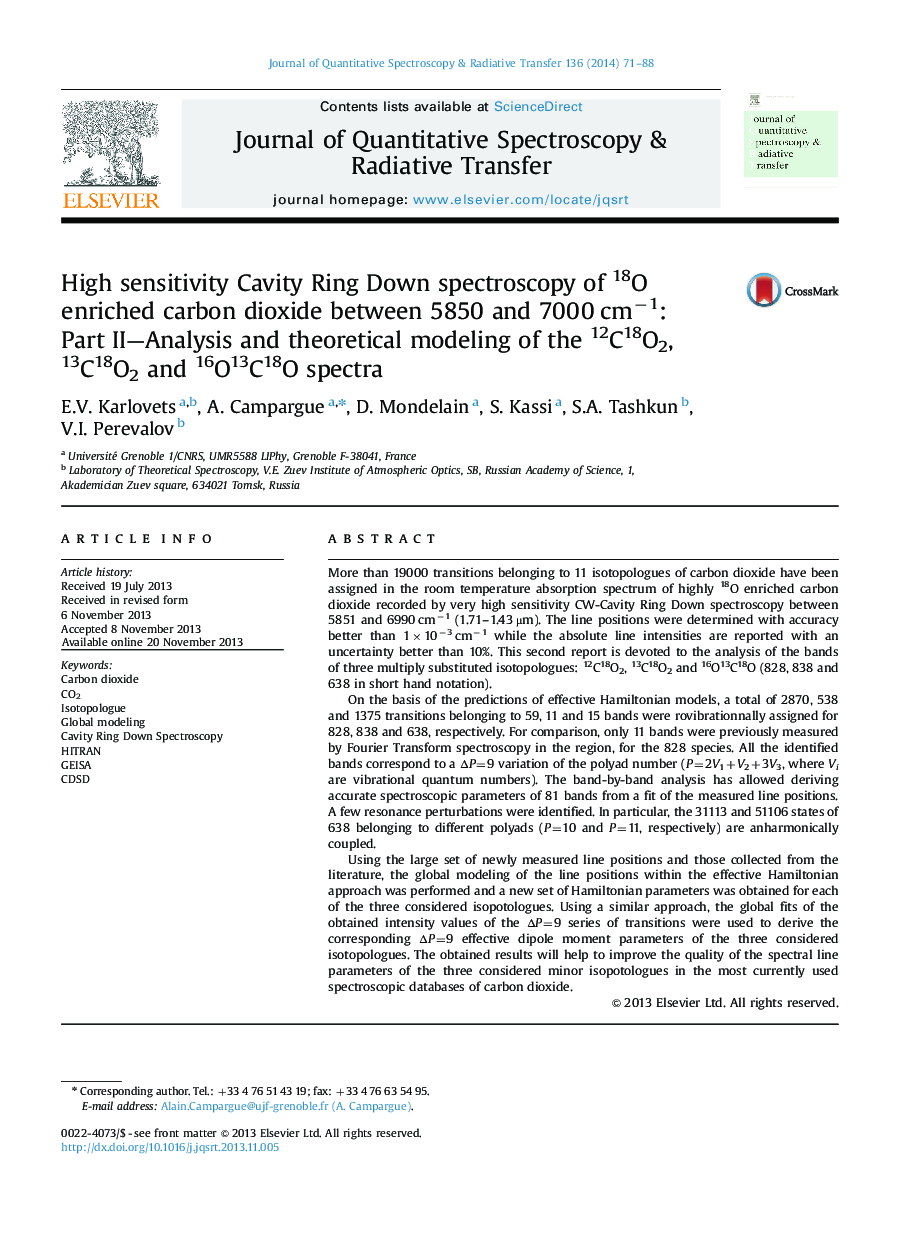 High sensitivity Cavity Ring Down spectroscopy of 18O enriched carbon dioxide between 5850 and 7000 cmâ1: Part II-Analysis and theoretical modeling of the 12C18O2, 13C18O2 and 16O13C18O spectra