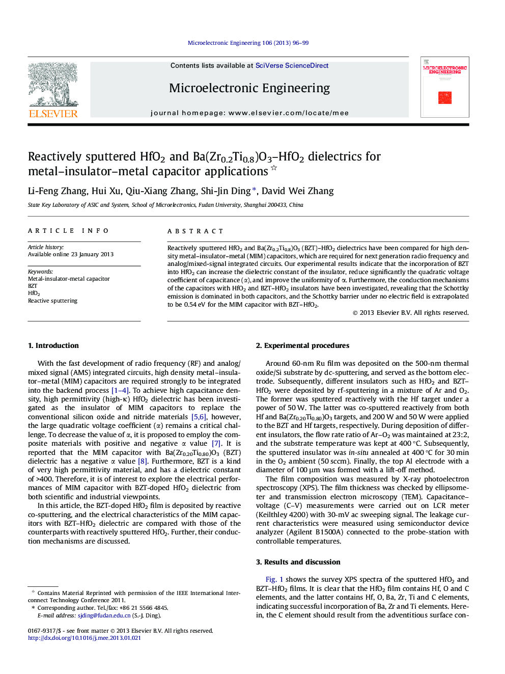 Reactively sputtered HfO2 and Ba(Zr0.2Ti0.8)O3–HfO2 dielectrics for metal–insulator–metal capacitor applications 