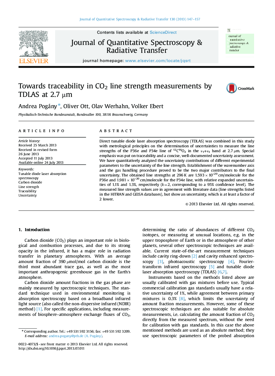 Towards traceability in CO2 line strength measurements by TDLAS at 2.7 Âµm