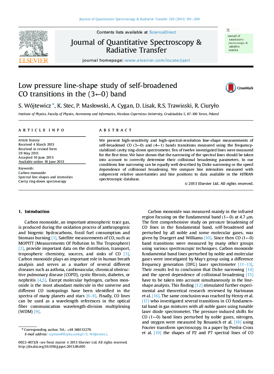 Low pressure line-shape study of self-broadened CO transitions in the (3â0) band