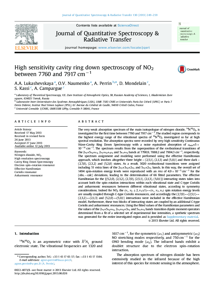 High sensitivity cavity ring down spectroscopy of NO2 between 7760 and 7917 cmâ1