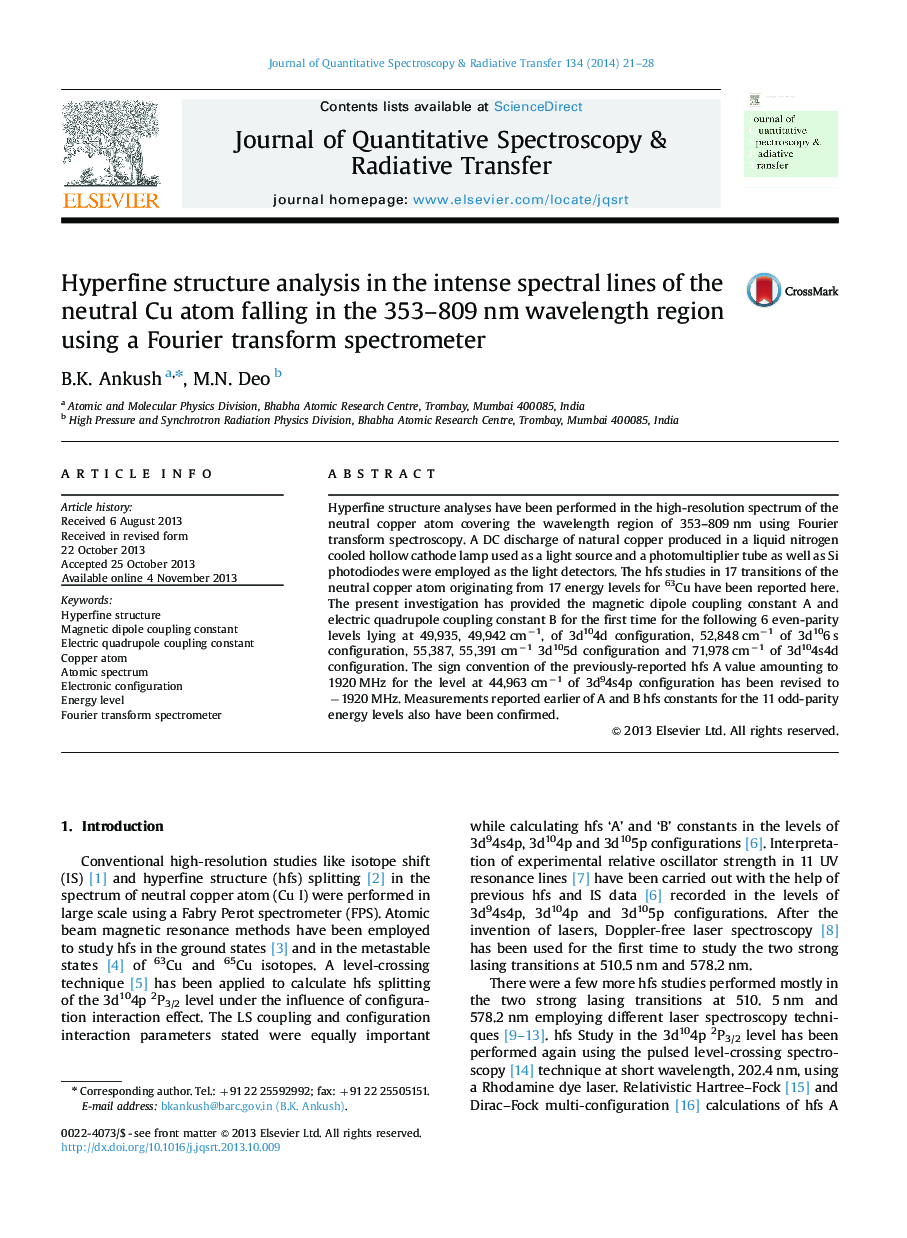 Hyperfine structure analysis in the intense spectral lines of the neutral Cu atom falling in the 353-809 nm wavelength region using a Fourier transform spectrometer