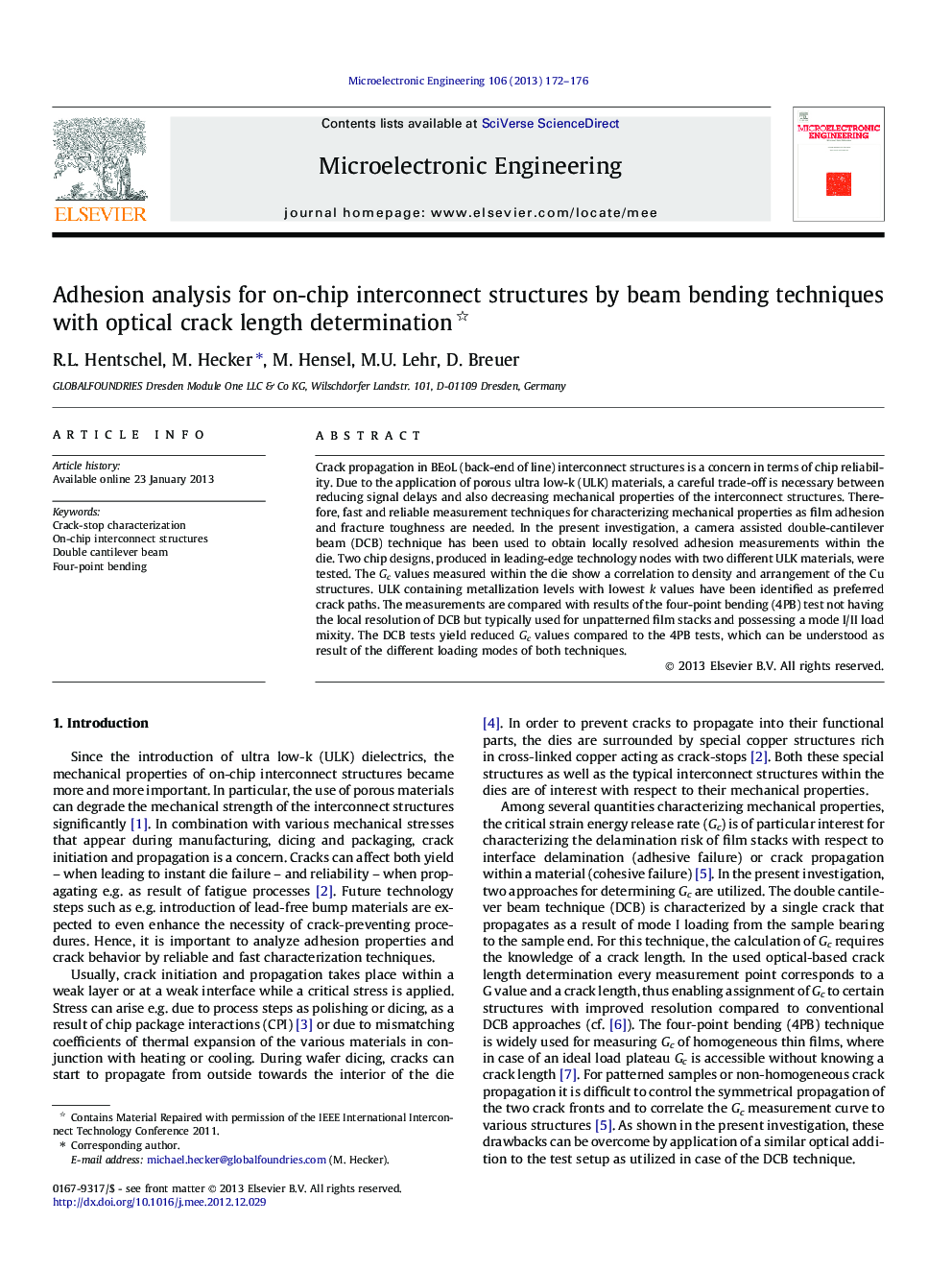 Adhesion analysis for on-chip interconnect structures by beam bending techniques with optical crack length determination 