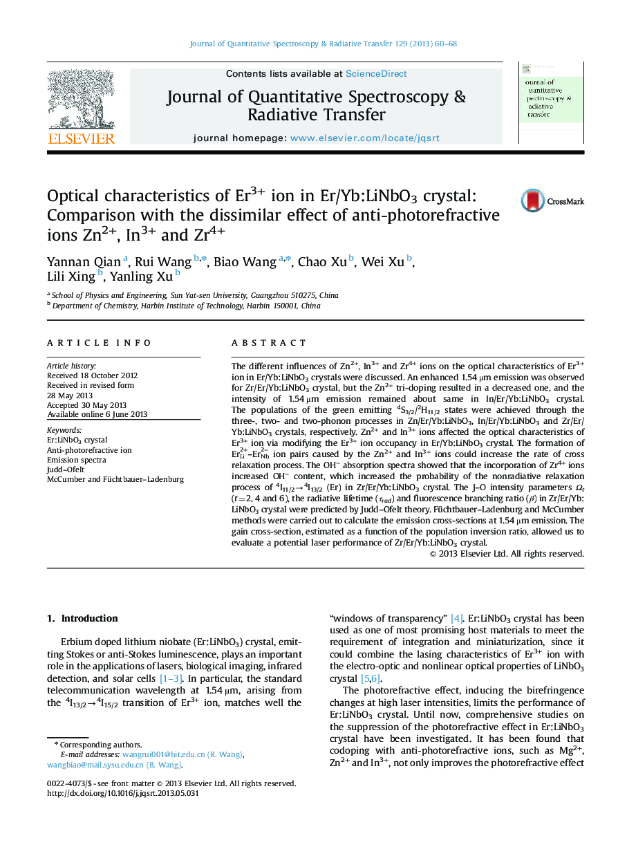 Optical characteristics of Er3+ ion in Er/Yb:LiNbO3 crystal: Comparison with the dissimilar effect of anti-photorefractive ions Zn2+, In3+ and Zr4+