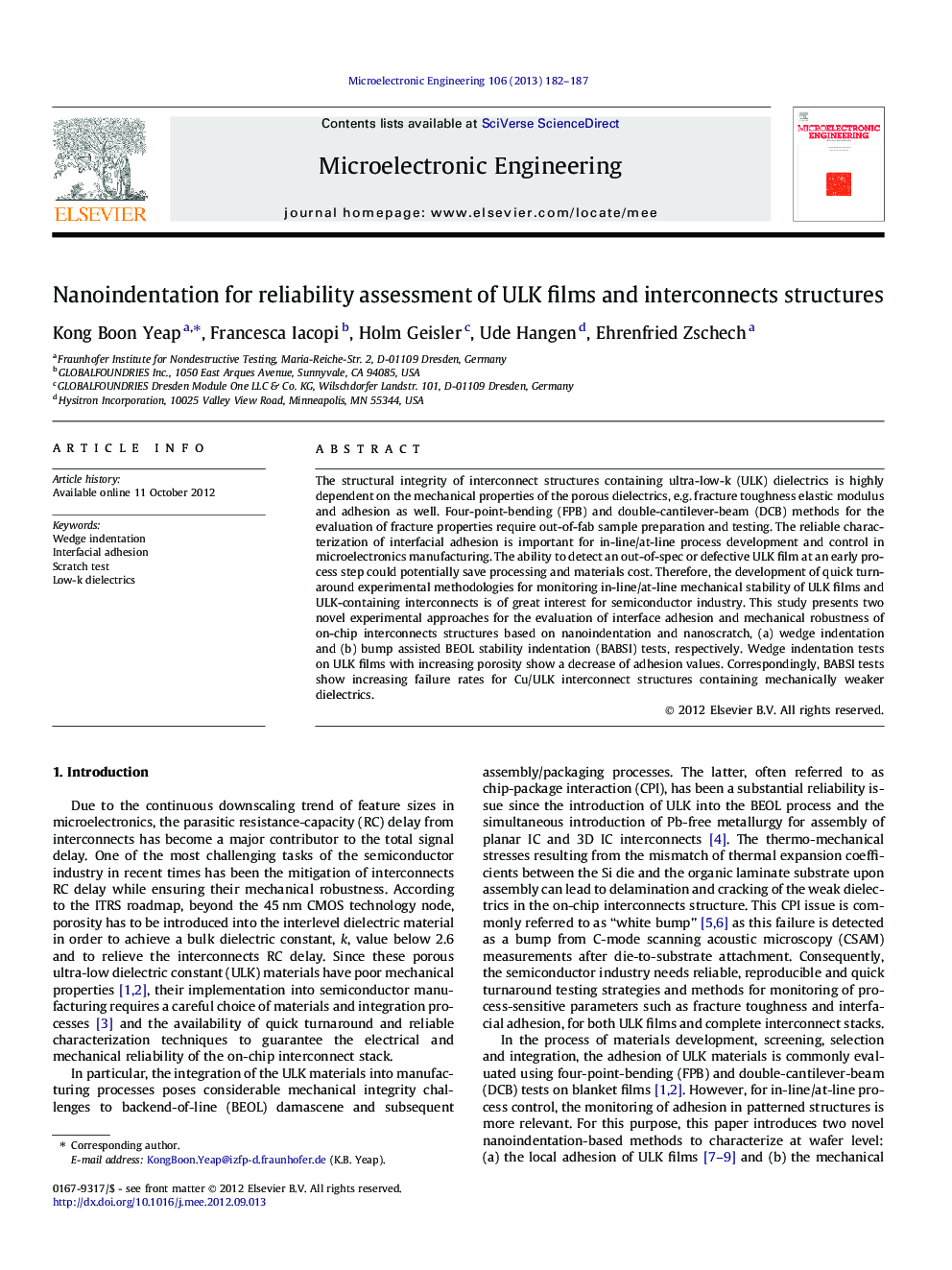 Nanoindentation for reliability assessment of ULK films and interconnects structures