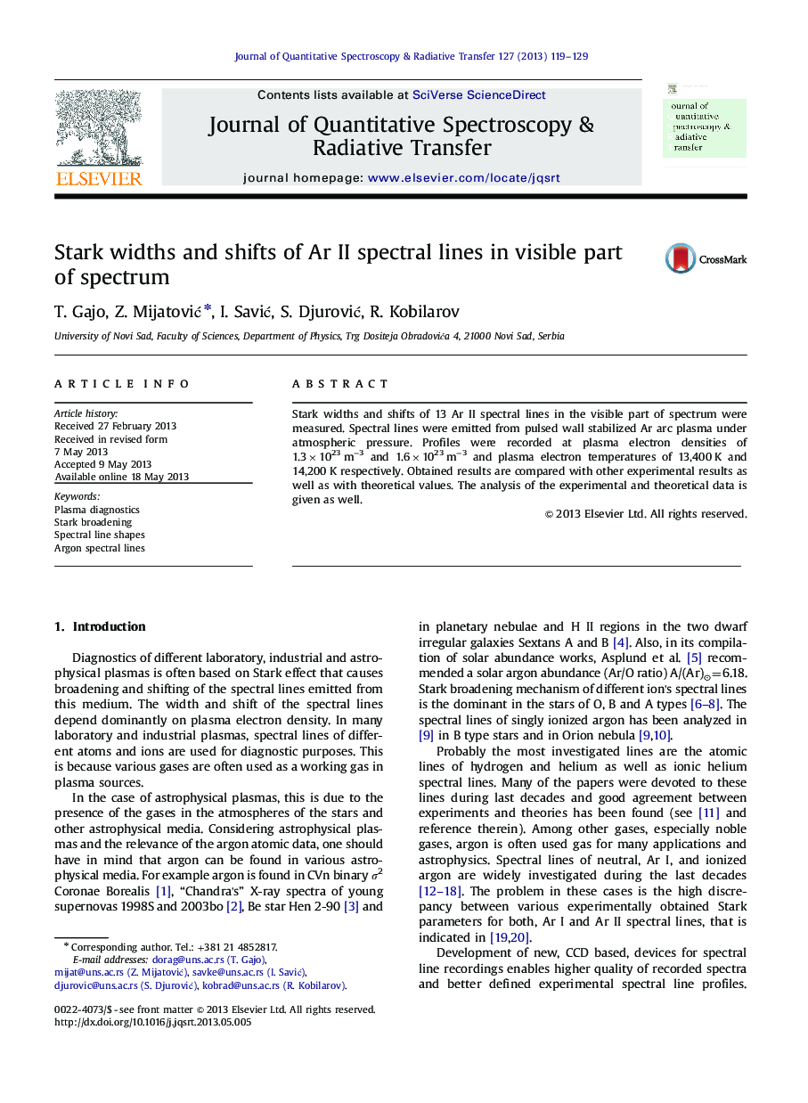 Stark widths and shifts of Ar II spectral lines in visible part of spectrum