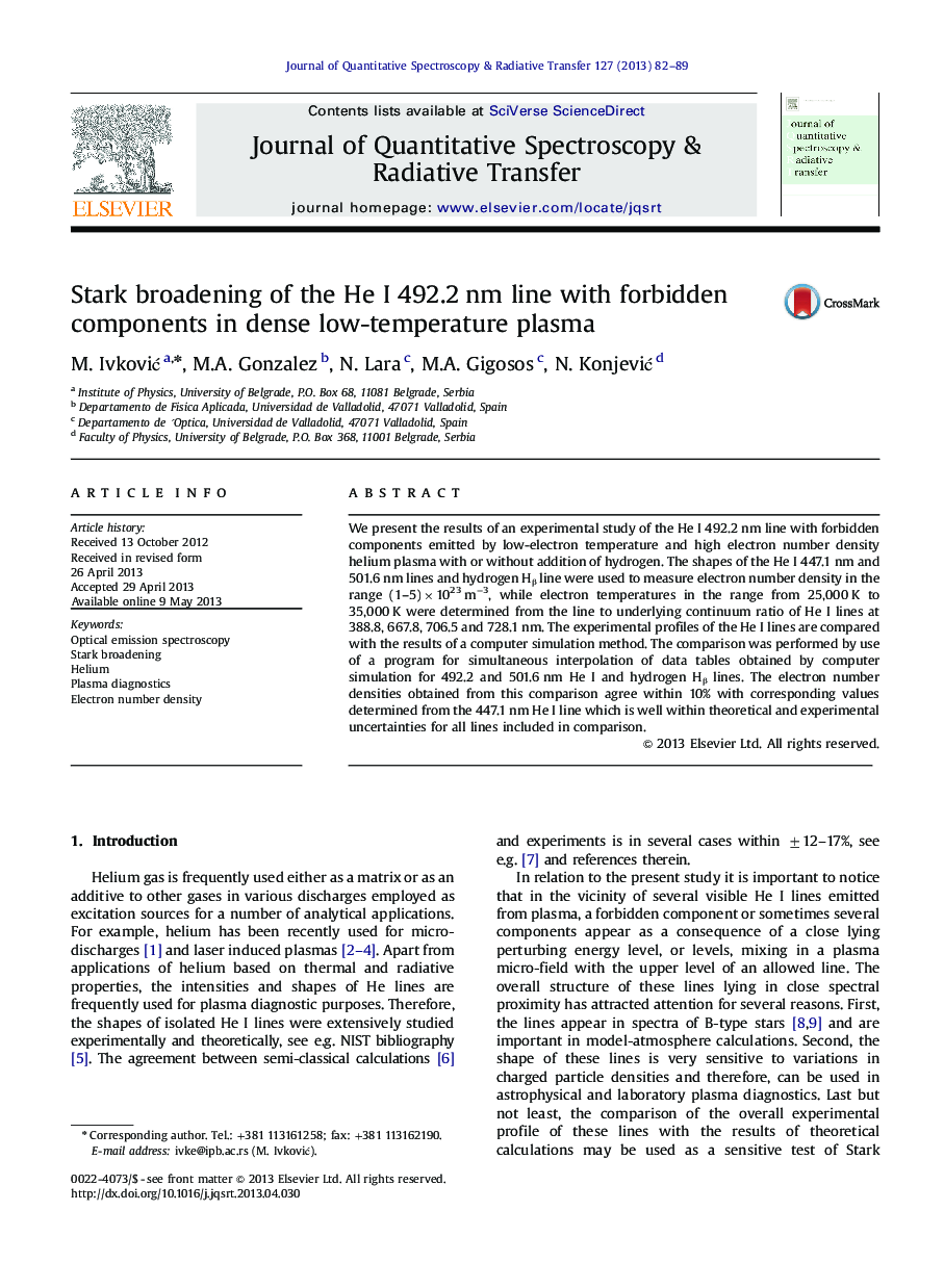 عکس صفحه اول مقاله: Stark broadening of the He I 492.2 nm line with forbidden components in dense low-temperature plasma Stark broadening of the He I 492.2 nm line with forbidden components in dense low-temperature plasma