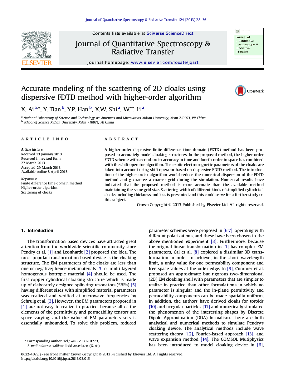 Accurate modeling of the scattering of 2D cloaks using dispersive FDTD method with higher-order algorithm