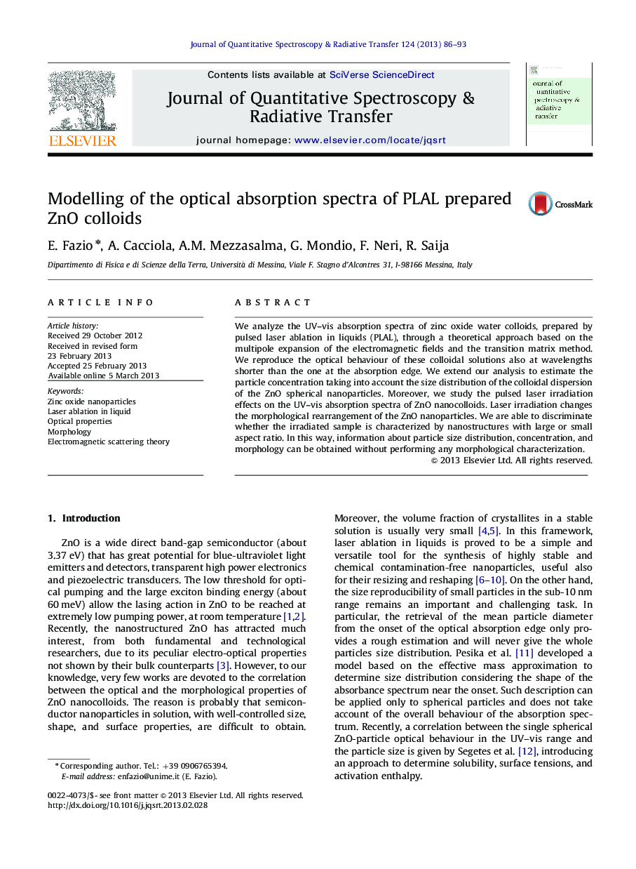 Modelling of the optical absorption spectra of PLAL prepared ZnO colloids