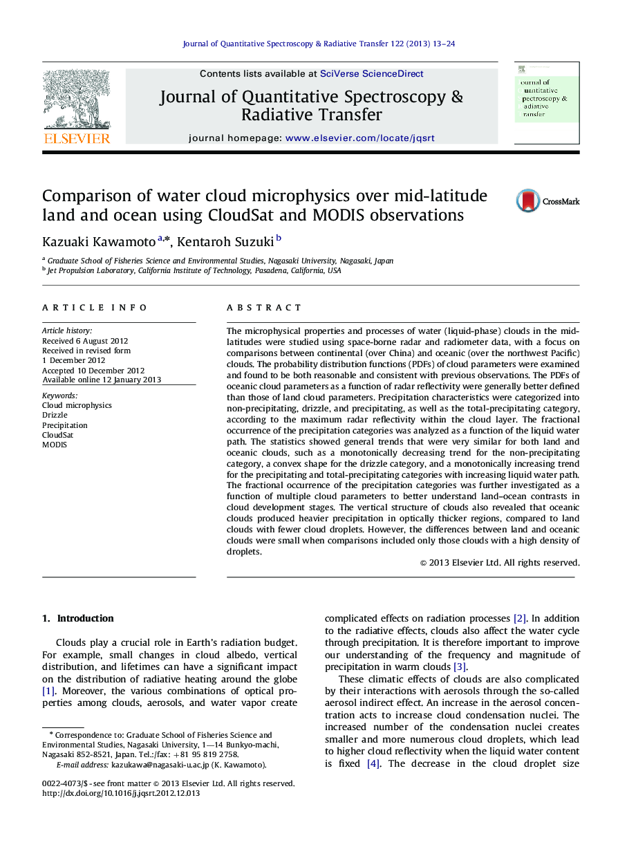 Comparison of water cloud microphysics over mid-latitude land and ocean using CloudSat and MODIS observations