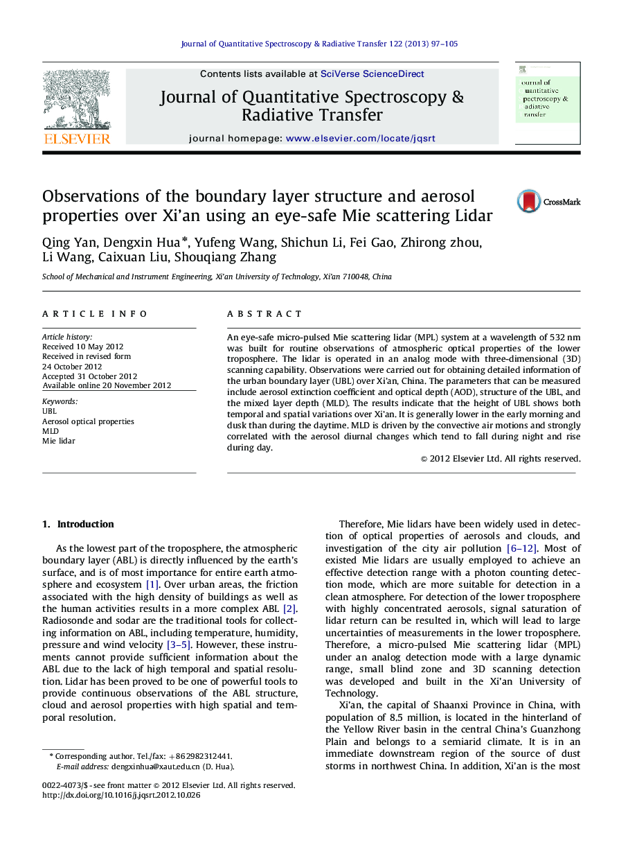 Observations of the boundary layer structure and aerosol properties over Xi'an using an eye-safe Mie scattering Lidar