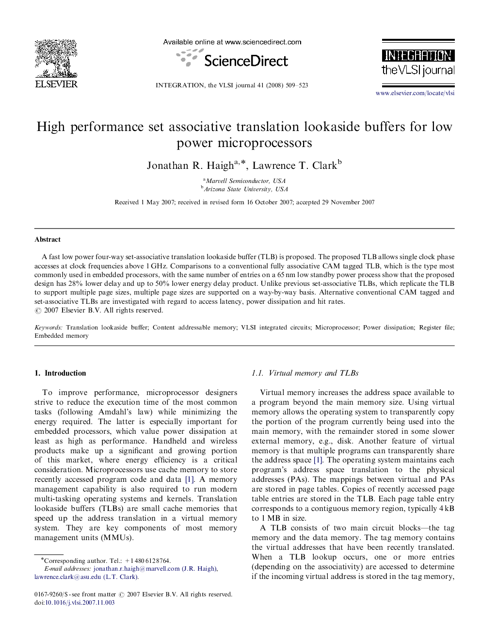 High performance set associative translation lookaside buffers for low power microprocessors