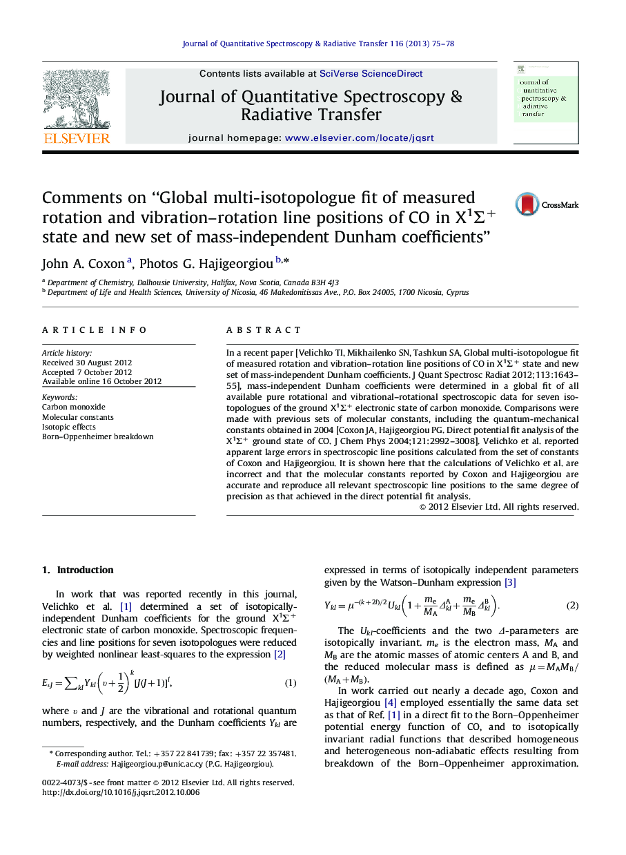 Comments on “Global multi-isotopologue fit of measured rotation and vibration-rotation line positions of CO in X1Î£+ state and new set of mass-independent Dunham coefficients”