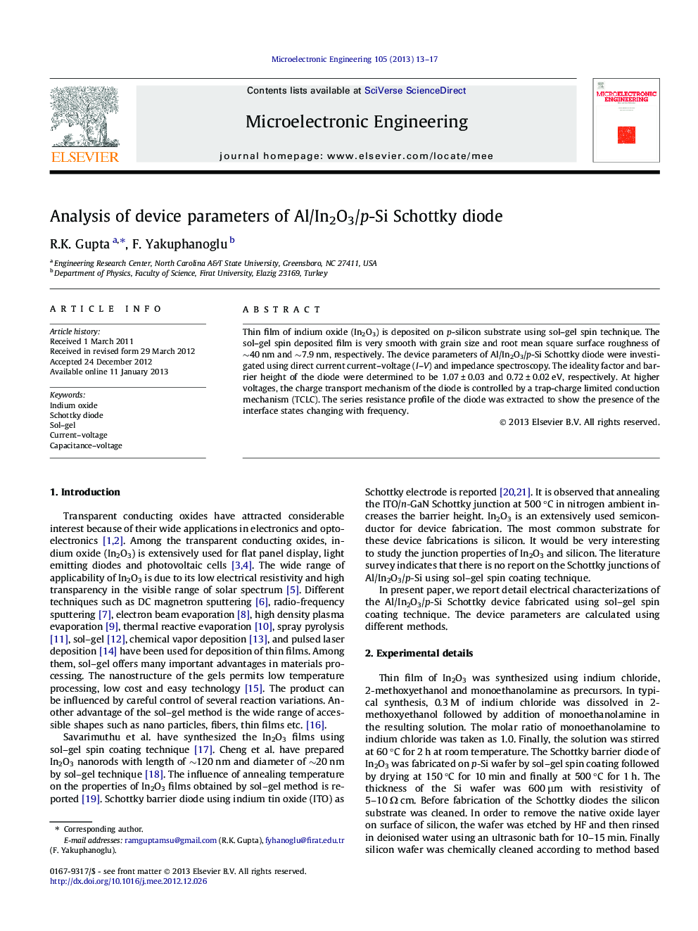 Analysis of device parameters of Al/In2O3/p-Si Schottky diode