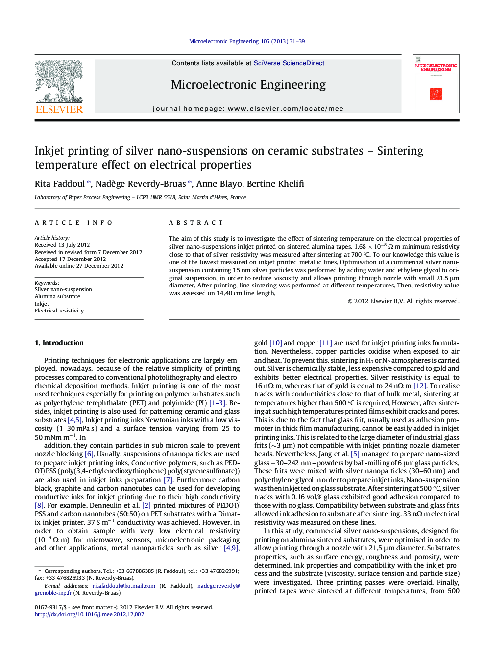 Inkjet printing of silver nano-suspensions on ceramic substrates – Sintering temperature effect on electrical properties
