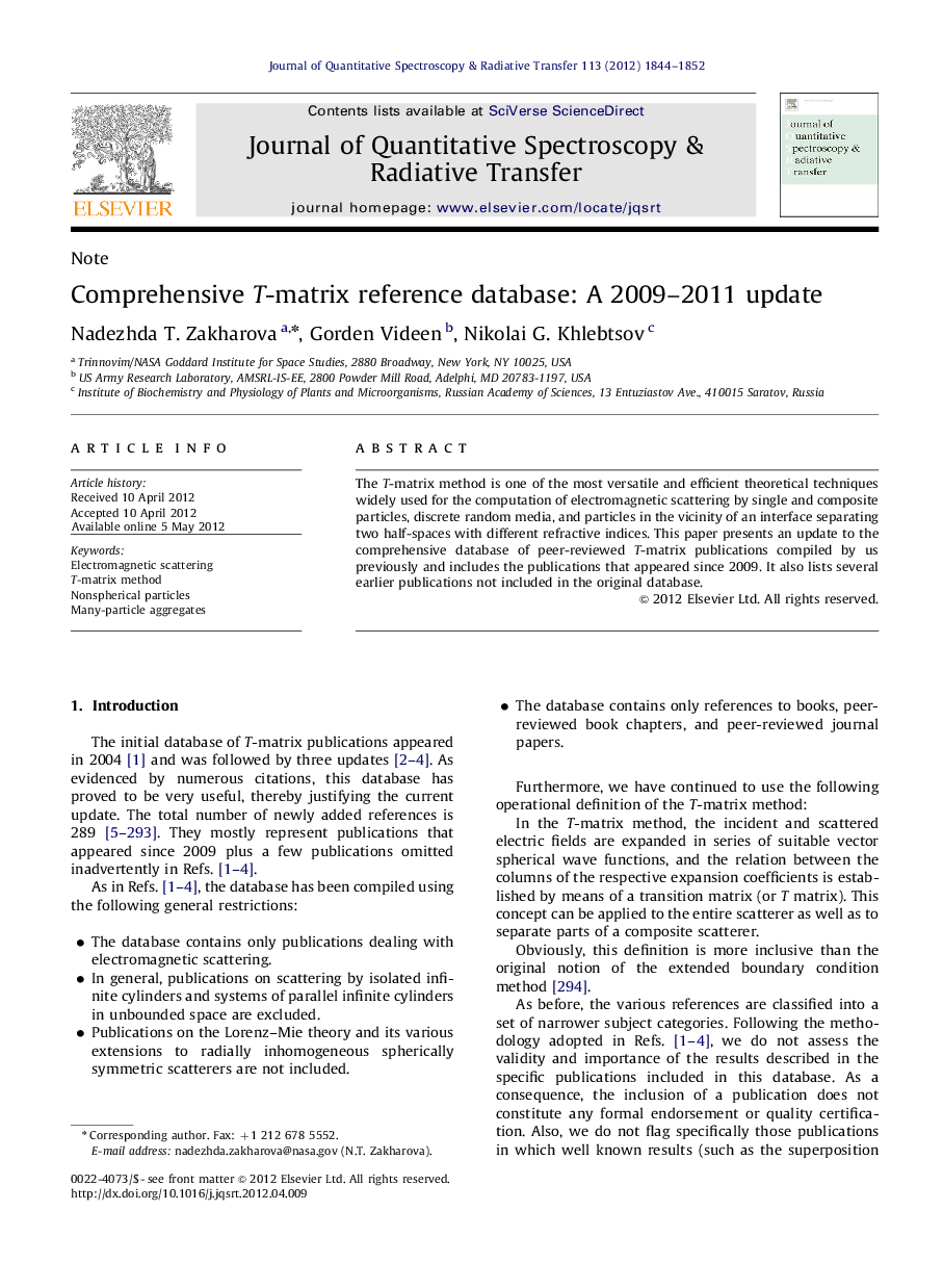 Comprehensive T-matrix reference database: A 2009-2011 update