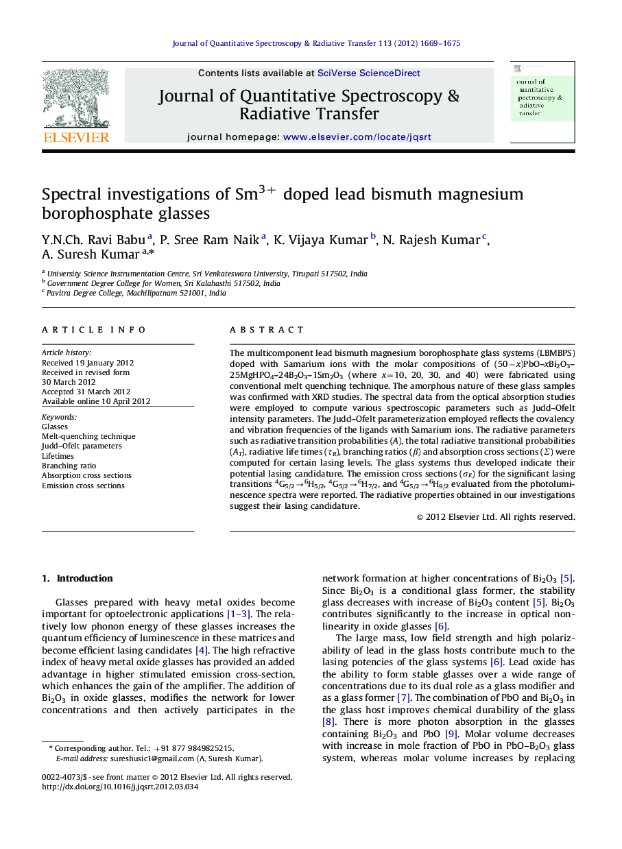 Spectral investigations of Sm3+ doped lead bismuth magnesium borophosphate glasses