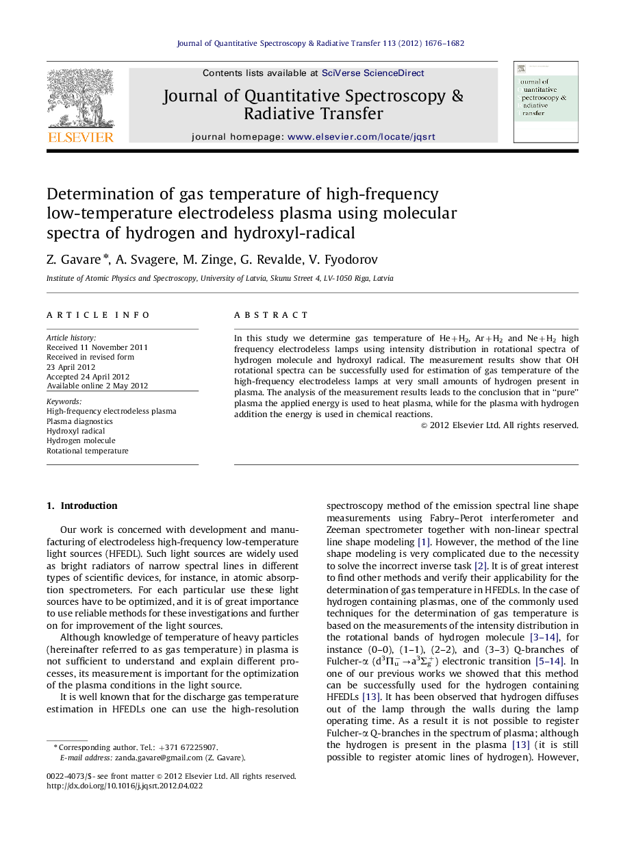 Determination of gas temperature of high-frequency low-temperature electrodeless plasma using molecular spectra of hydrogen and hydroxyl-radical