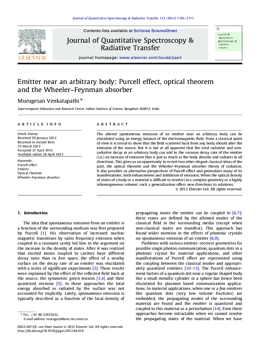 Emitter near an arbitrary body: Purcell effect, optical theorem and the Wheeler-Feynman absorber