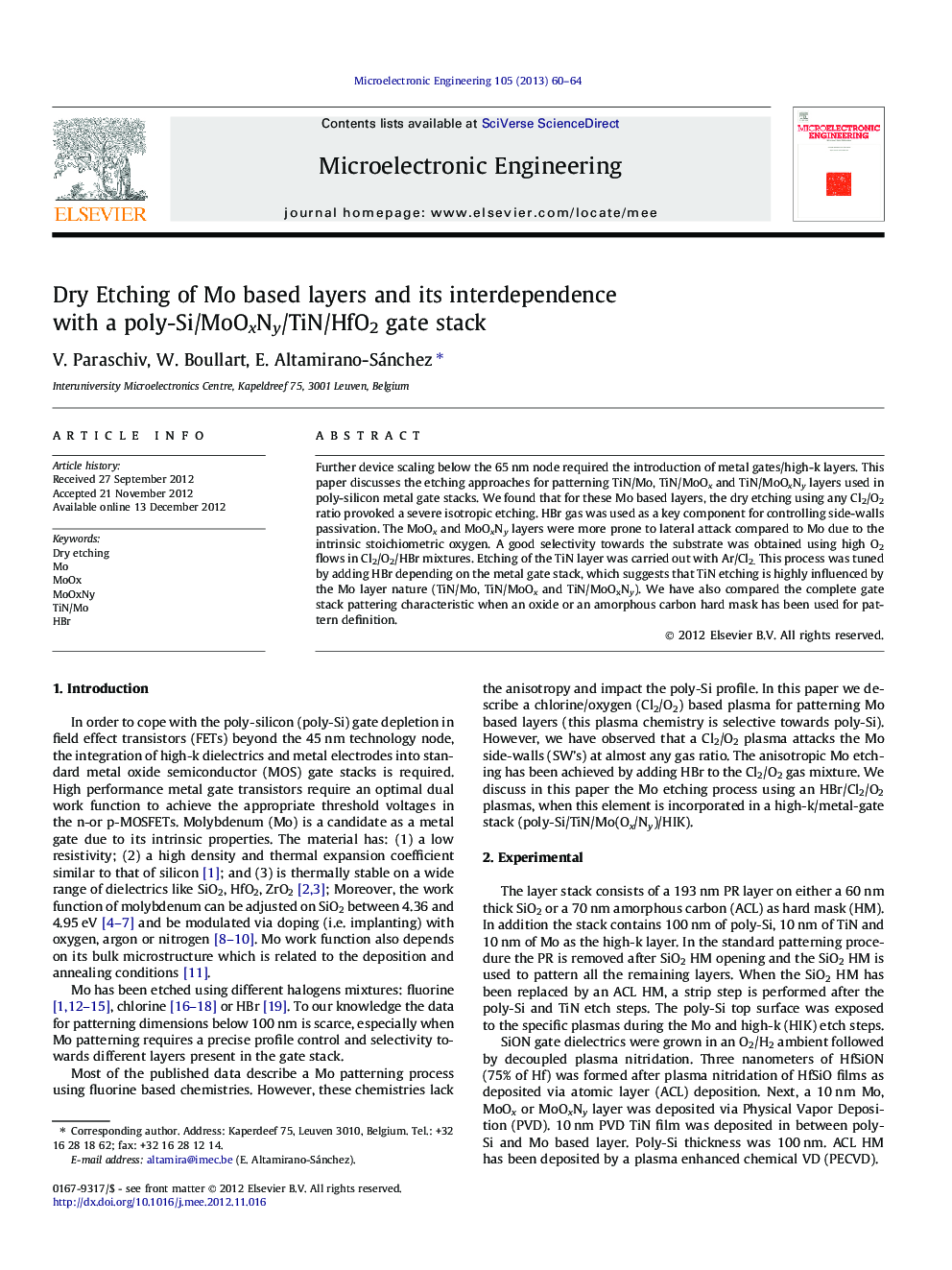 Dry Etching of Mo based layers and its interdependence with a poly-Si/MoOxNy/TiN/HfO2 gate stack