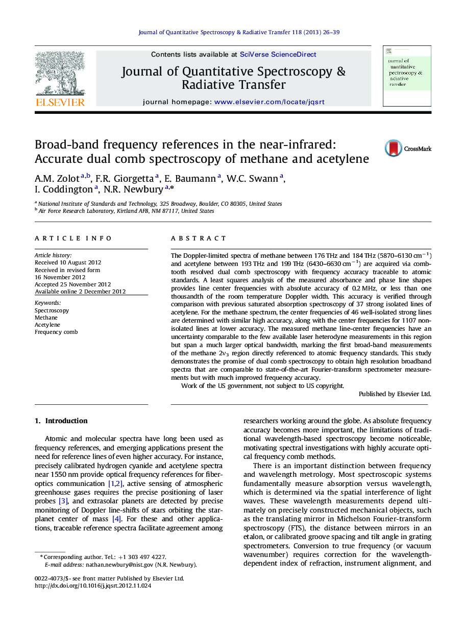 Broad-band frequency references in the near-infrared: Accurate dual comb spectroscopy of methane and acetylene