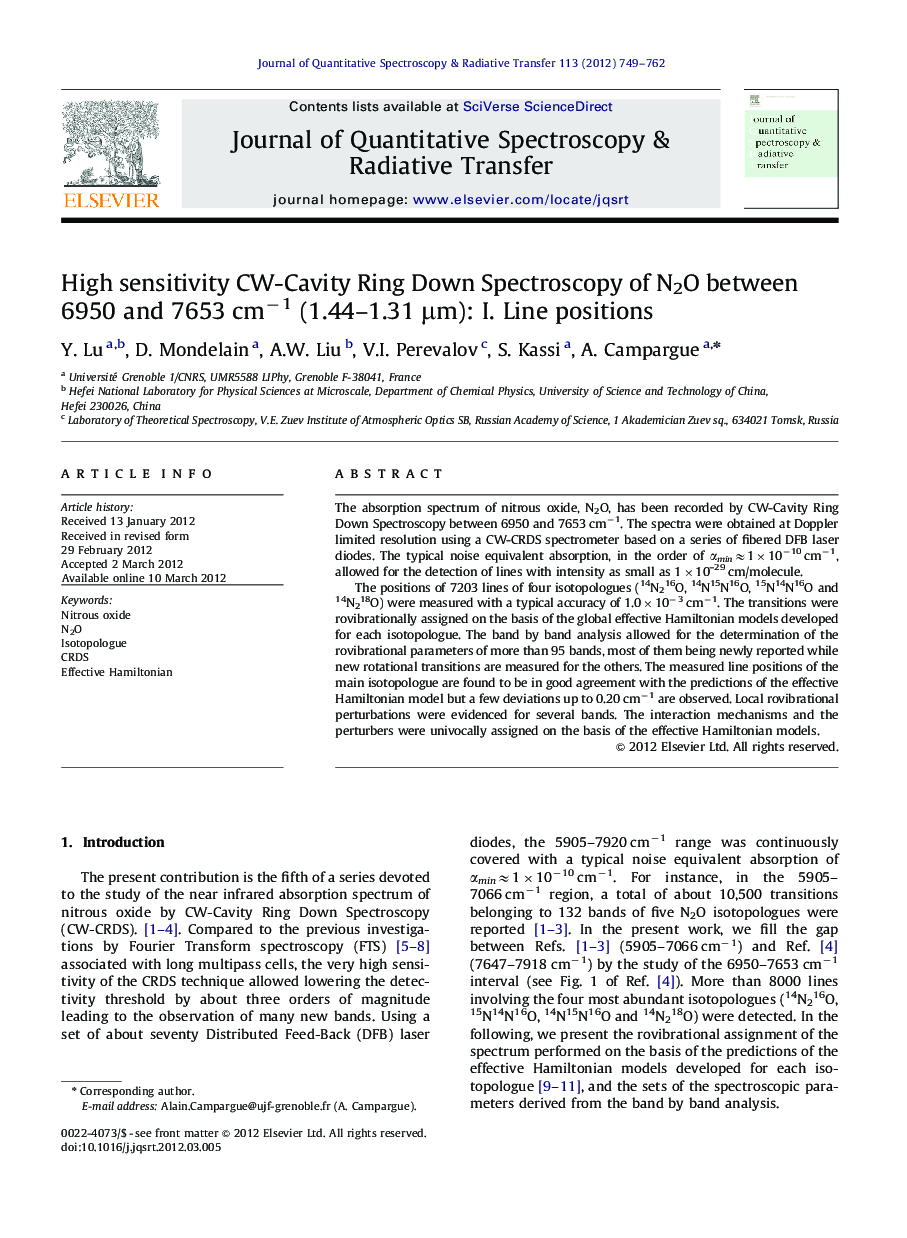 High sensitivity CW-Cavity Ring Down Spectroscopy of N2O between 6950 and 7653 cmâ1 (1.44-1.31 Î¼m): I. Line positions