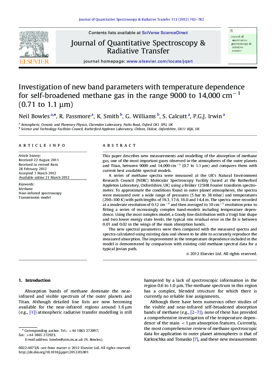 Investigation of new band parameters with temperature dependence for self-broadened methane gas in the range 9000 to 14,000 cmâ1 (0.71 to 1.1 Î¼m)