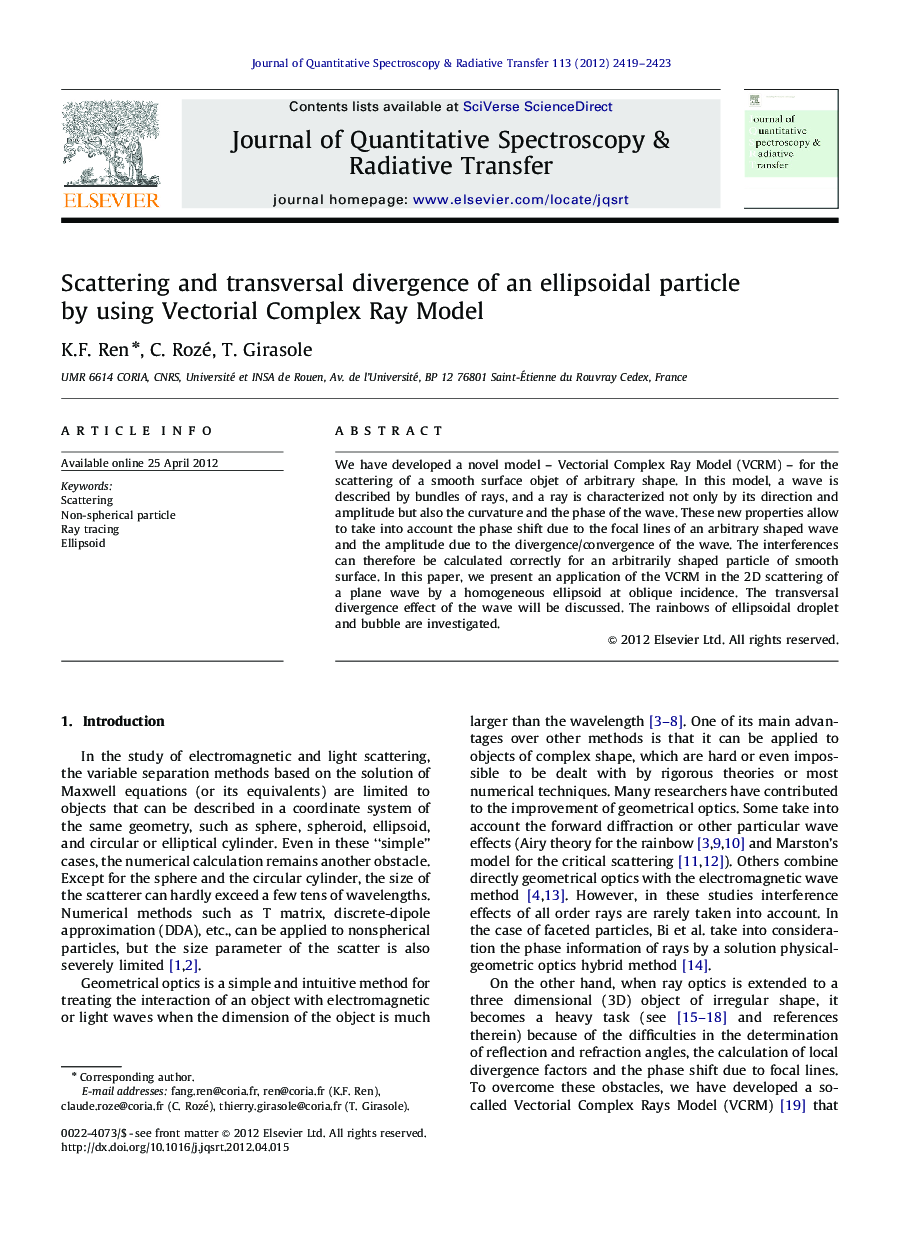 Scattering and transversal divergence of an ellipsoidal particle by using Vectorial Complex Ray Model