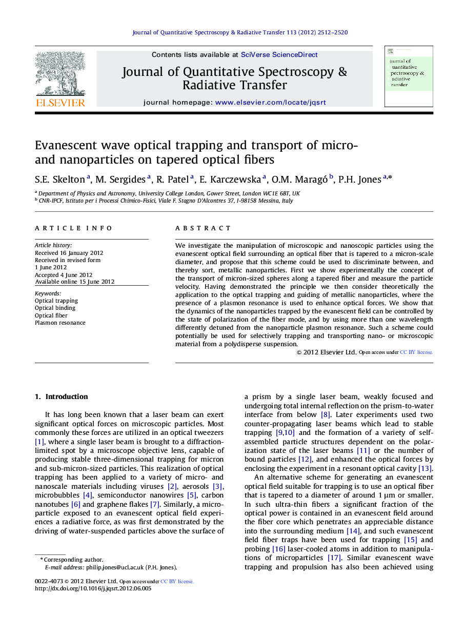 Evanescent wave optical trapping and transport of micro- and nanoparticles on tapered optical fibers