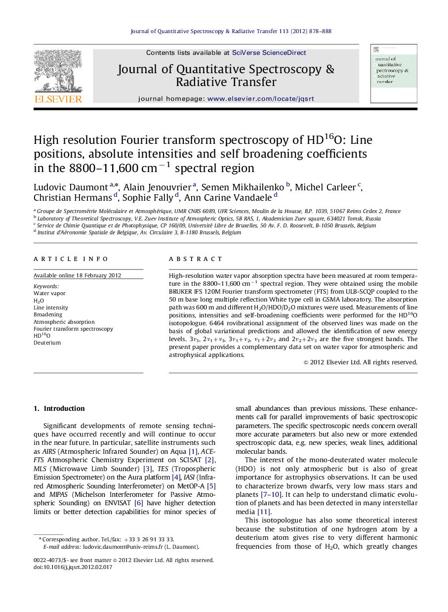 High resolution Fourier transform spectroscopy of HD16O: Line positions, absolute intensities and self broadening coefficients in the 8800-11,600 cmâ1 spectral region