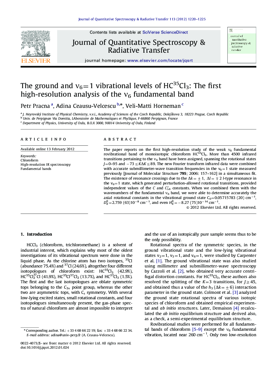 The ground and Î½6=1 vibrational levels of HC35Cl3: The first high-resolution analysis of the Î½6 fundamental band