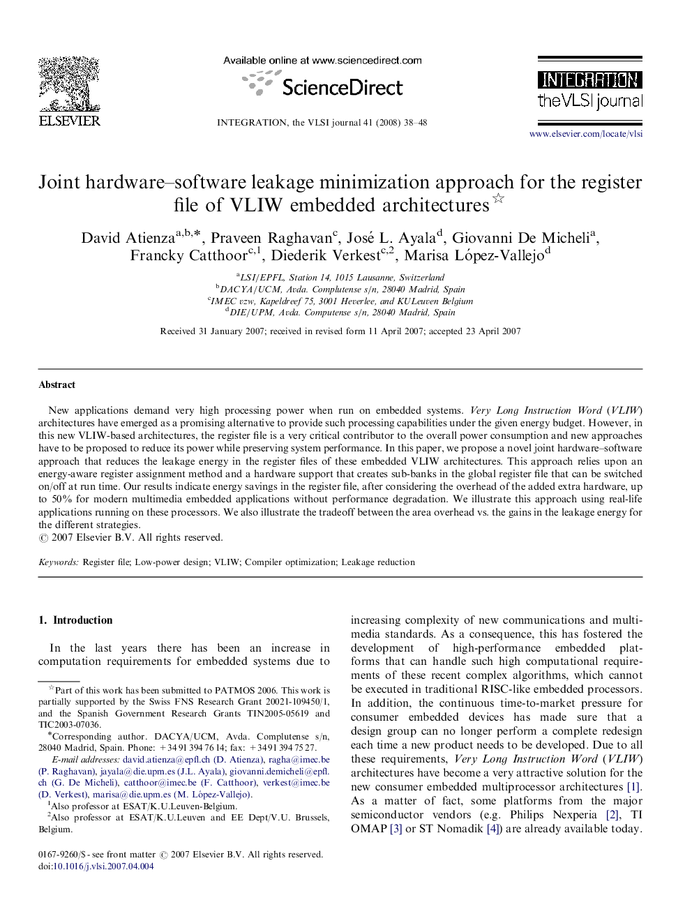 Joint hardware–software leakage minimization approach for the register file of VLIW embedded architectures 