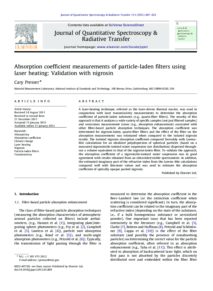 عکس صفحه اول مقاله: Absorption coefficient measurements of particle-laden filters using laser heating: Validation with nigrosin Absorption coefficient measurements of particle-laden filters using laser heating: Validation with nigrosin
