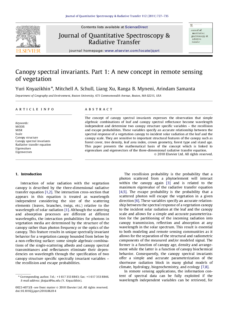 Canopy spectral invariants. Part 1: A new concept in remote sensing of vegetation