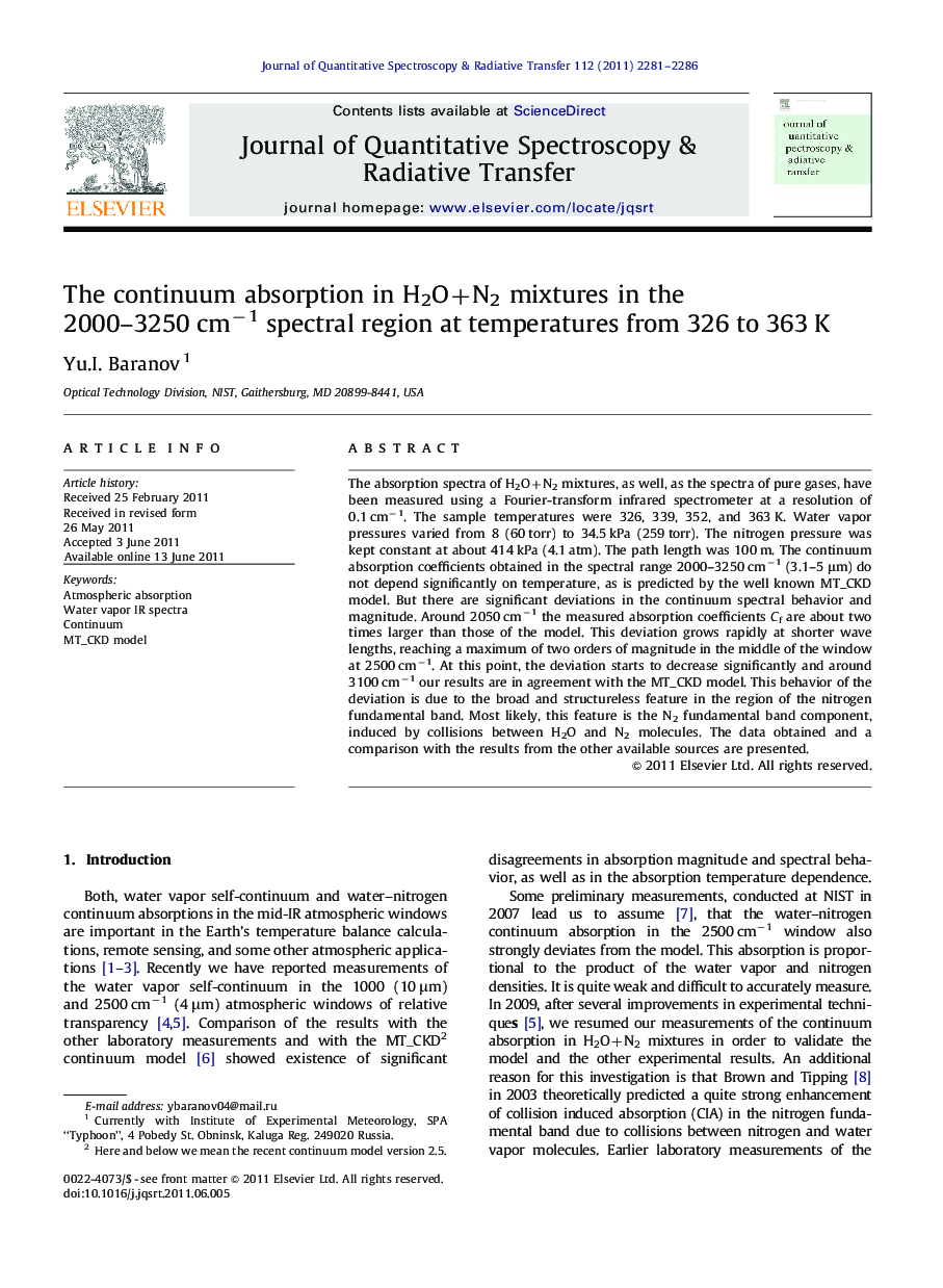 The continuum absorption in H2O+N2 mixtures in the 2000-3250 cmâ1 spectral region at temperatures from 326 to 363 K
