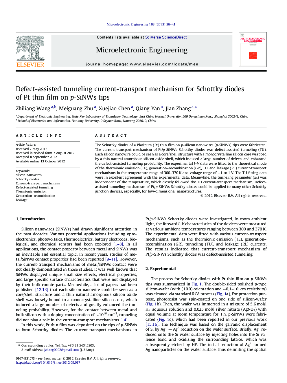 Defect-assisted tunneling current-transport mechanism for Schottky diodes of Pt thin film on p-SiNWs tips