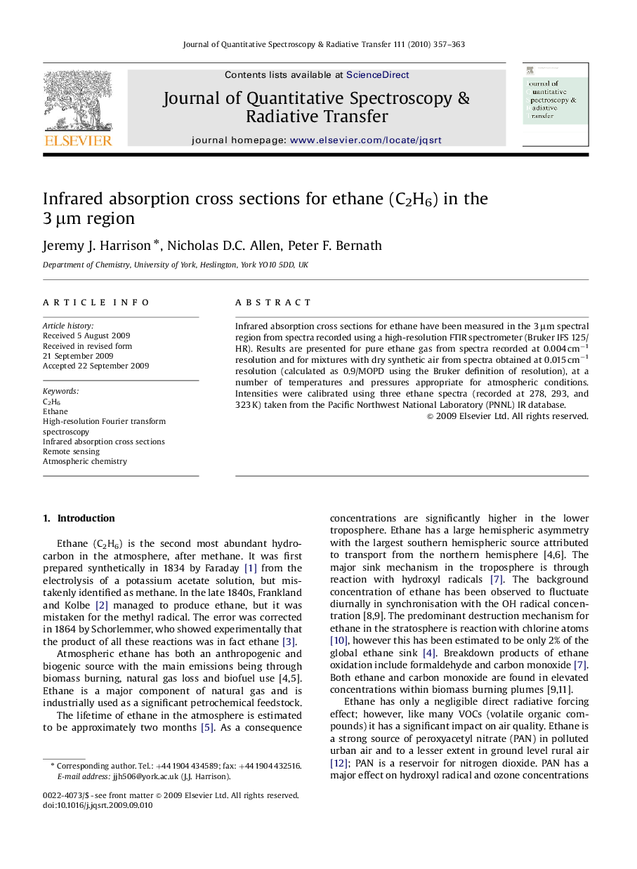 Infrared absorption cross sections for ethane (C2H6) in the 3 Î¼m region