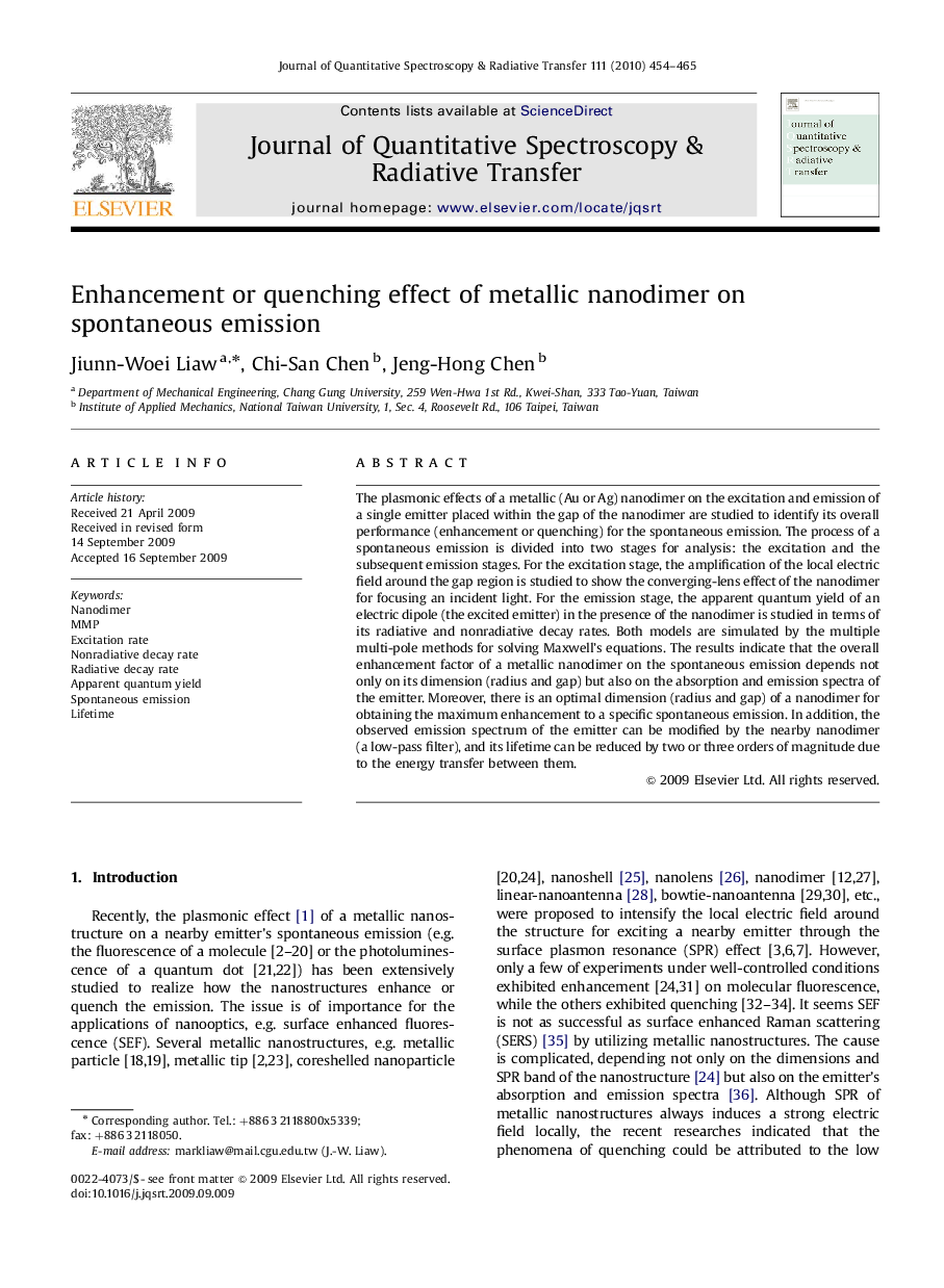 Enhancement or quenching effect of metallic nanodimer on spontaneous emission