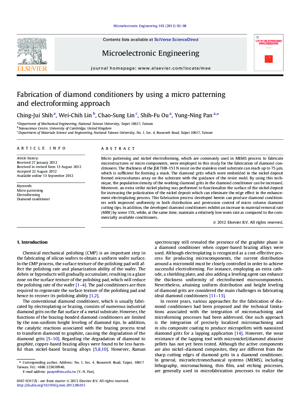 Fabrication of diamond conditioners by using a micro patterning and electroforming approach