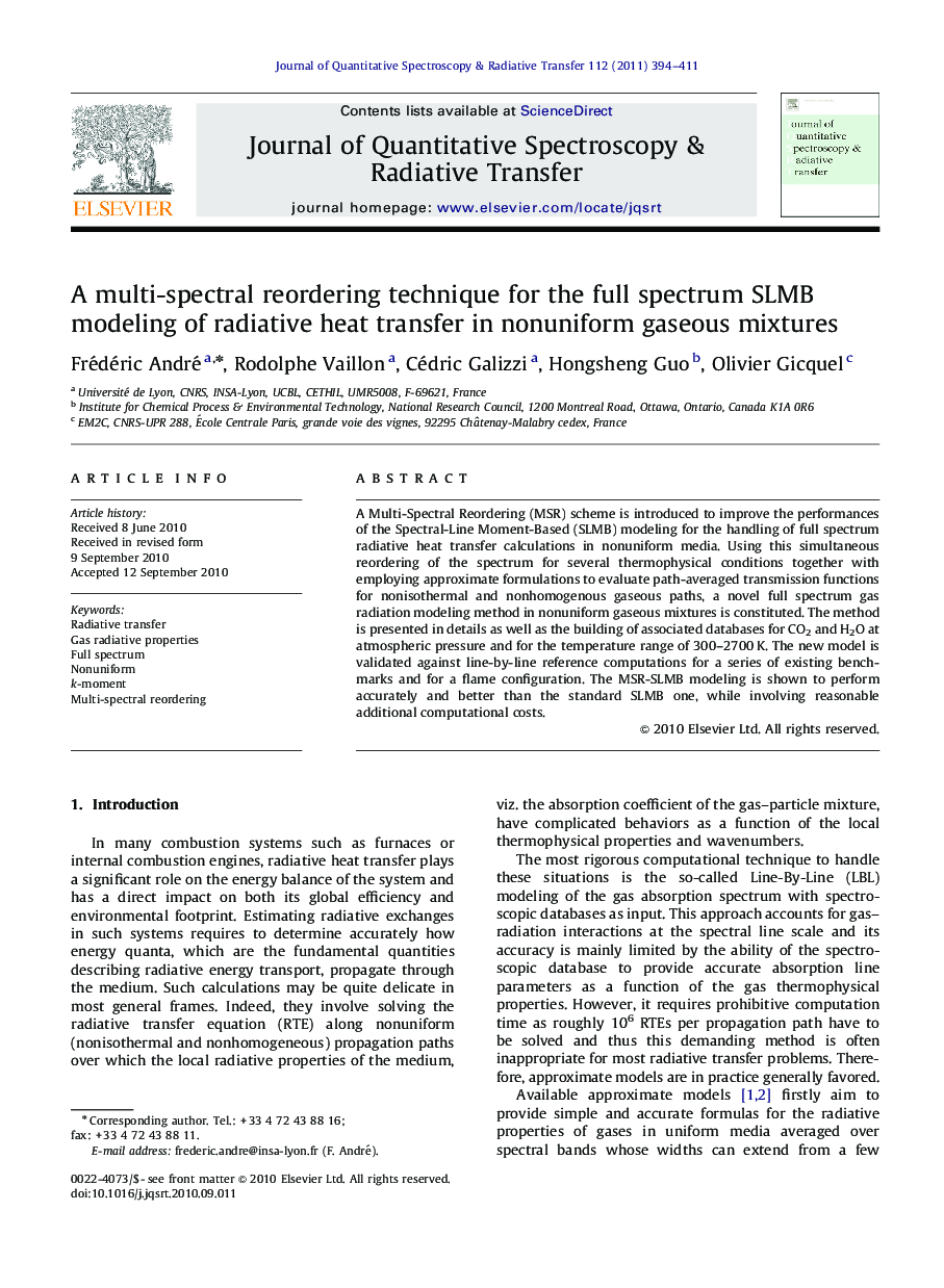 A multi-spectral reordering technique for the full spectrum SLMB modeling of radiative heat transfer in nonuniform gaseous mixtures