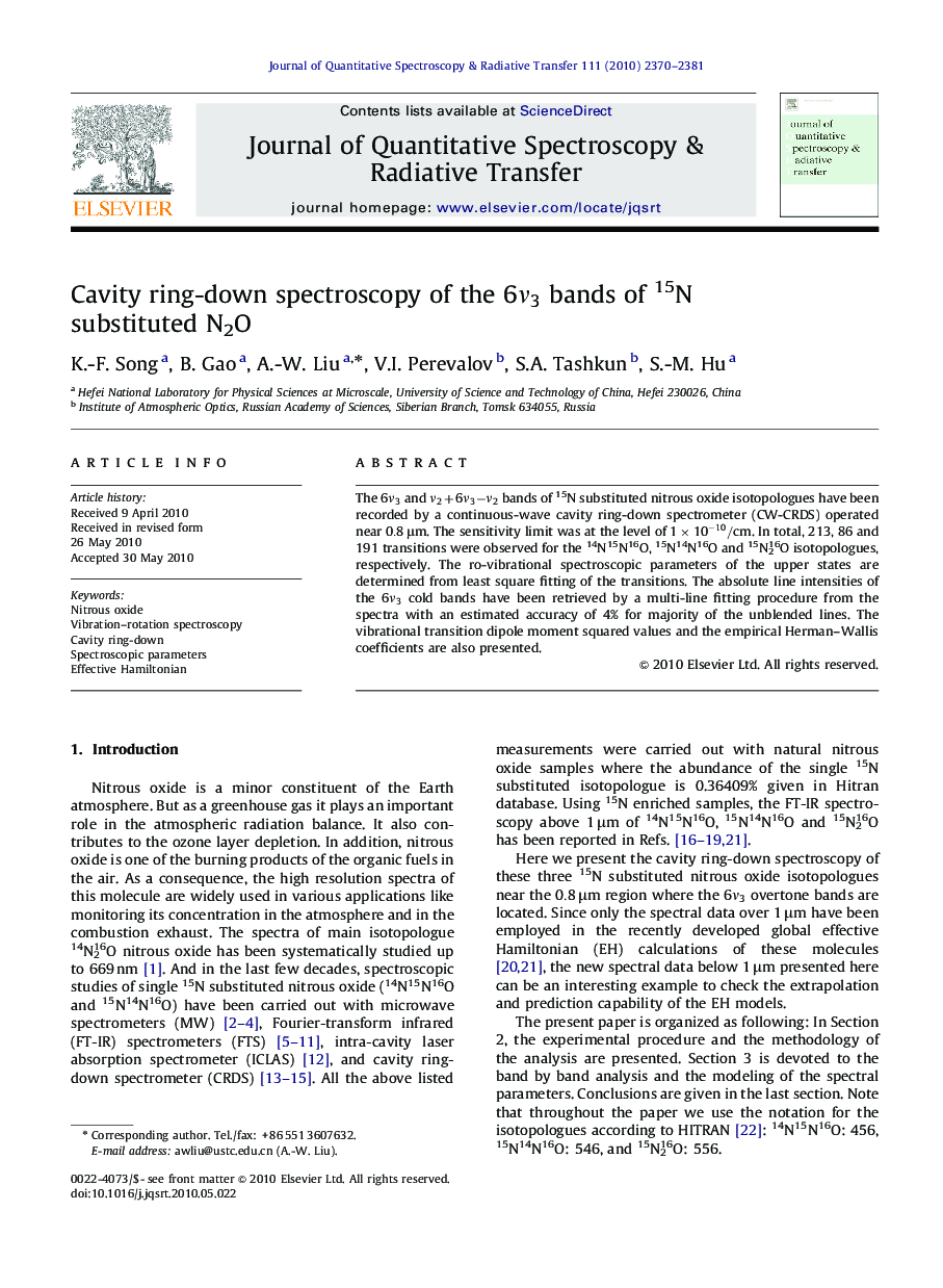 Cavity ring-down spectroscopy of the 6Î½3 bands of 15N substituted N2O