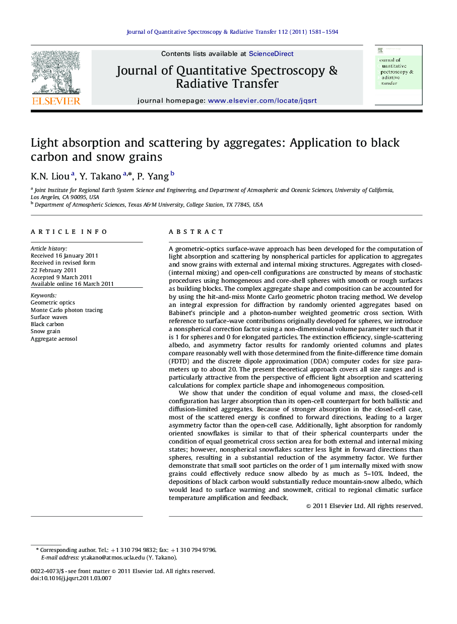 Light absorption and scattering by aggregates: Application to black carbon and snow grains