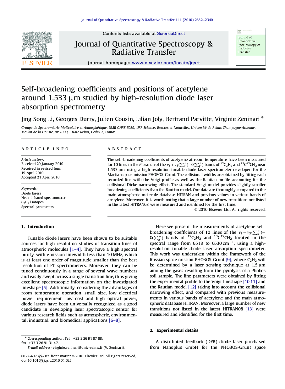 Self-broadening coefficients and positions of acetylene around 1.533 Î¼m studied by high-resolution diode laser absorption spectrometry