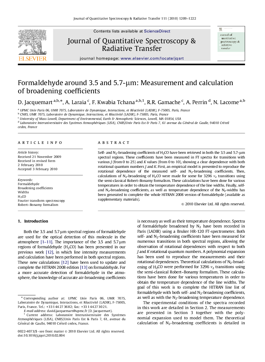 Formaldehyde around 3.5 and 5.7-Î¼m: Measurement and calculation of broadening coefficients