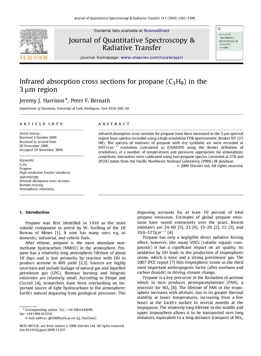 Infrared absorption cross sections for propane (C3H8) in the 3 Î¼m region