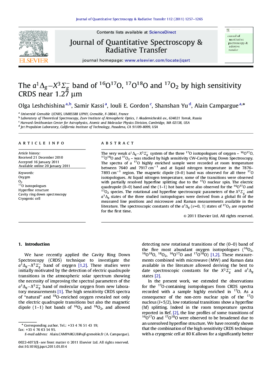 The a1ÎgâX3Î£gâ band of 16O17O, 17O18O and 17O2 by high sensitivity CRDS near 1.27 Î¼m