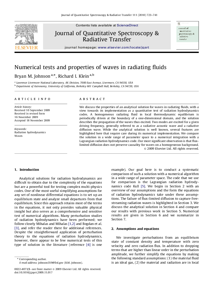 Numerical tests and properties of waves in radiating fluids